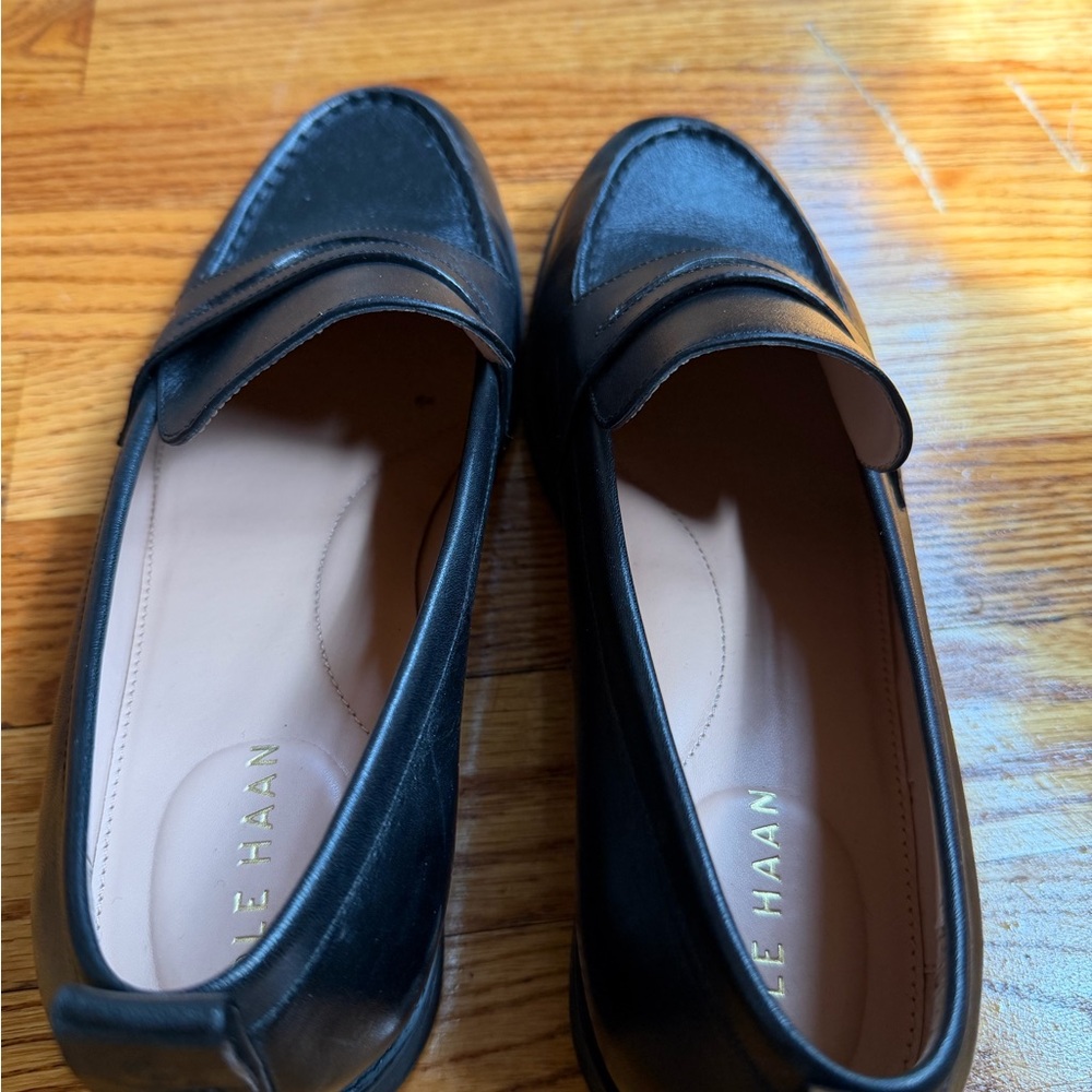 Cole Haan Black Leather Penny Loafers with Tan Insoles - Picture 2 of 4